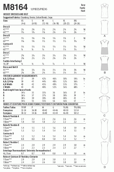 M8164 Misses' Pullover Dresses With Sleeve Ties, Pocket Variations & Belt