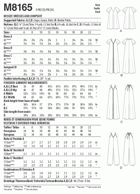 M8165 Misses' Very Loose-fitting V-neck Dresses & Jumpsuit