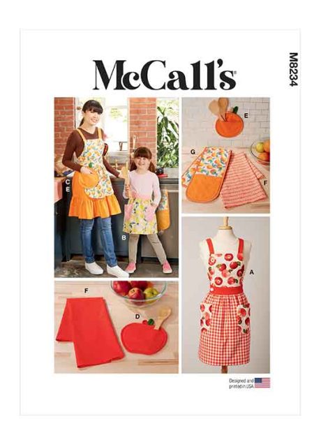 M8234 Children's and Misses' Aprons, Potholders and Tea Towel
