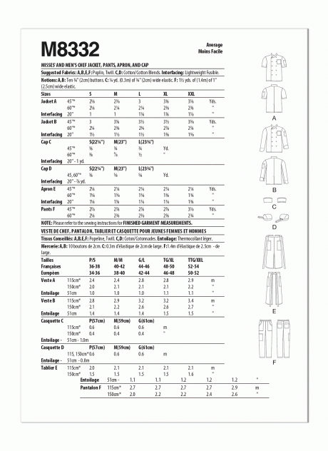 M8332 Misses' and Men's Chef Jacket, Pants, Apron and Cap