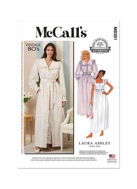 M8381 Misses' Robe, Tie Belt and Nightgown by Laura Ashley