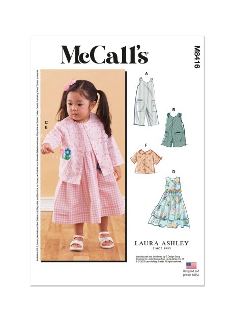 M8416 Toddlers' Romper in Two Lengths, Dresses, Jacket and Shirt by Laura Ashley