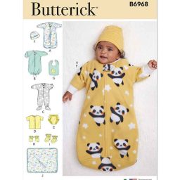 B6968 Infants' Bunting, Jumpsuit, Shirt, Diaper Cover, Hat, Bib, Mittens, Booties and Blanket