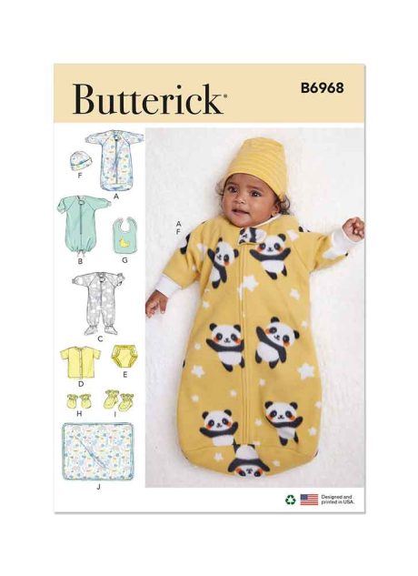 B6968 Infants' Bunting, Jumpsuit, Shirt, Diaper Cover, Hat, Bib, Mittens, Booties and Blanket