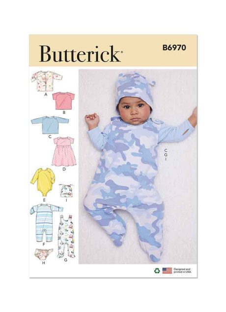 B6970 Infants' Jacket, Tops, Dress, Rompers, Diaper Cover and Hat