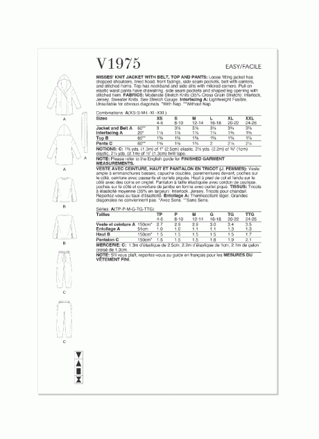 V1975 Misses' Knit Jacket with Belt, Top and Pants