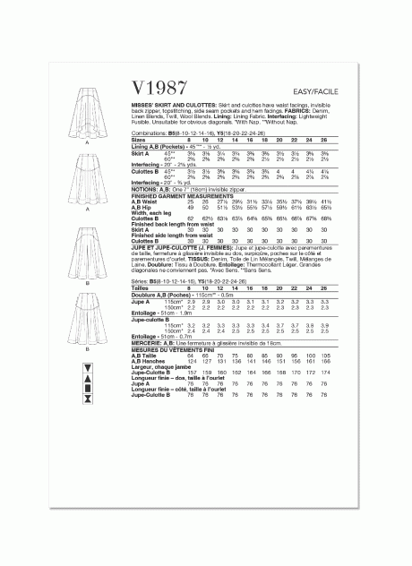 V1987 Misses' Skirt and Culottes