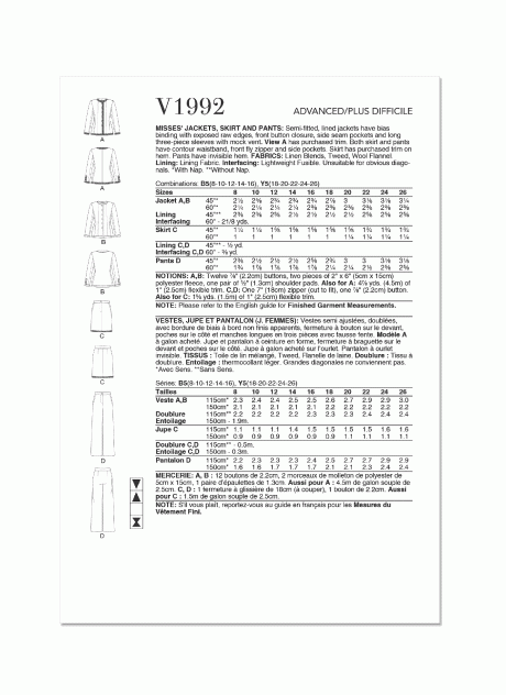 V1992 Misses' Jackets, Skirt and Pants