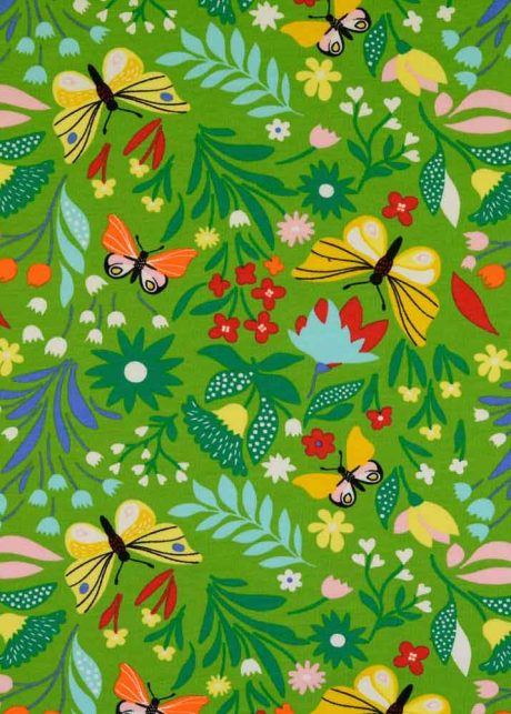 Unbrushed cotton French terry, "Meadow Butterflies" (green)