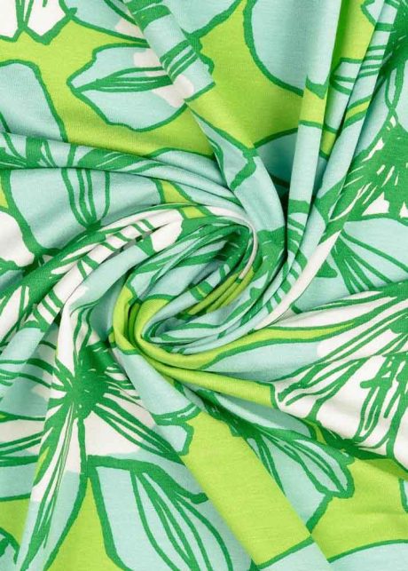 Viscose jersey, "Sketch Book Lilies" (lime/aqua)