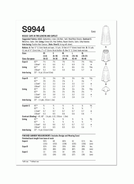 S9944 Misses' Capelet and Cape in Two Lengths by Scissor IMP Workshop