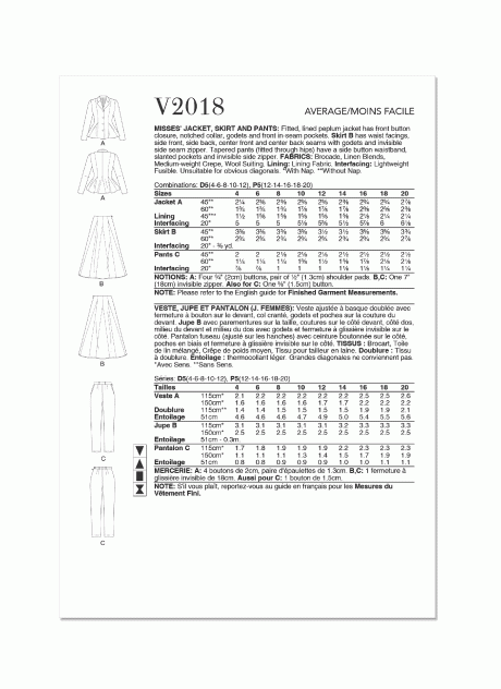 V2018 Misses' Jacket, Skirt and Pants