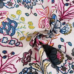 100% cotton imitation linen, "Chintz" (Blue/Pink/Multi on Burlap)