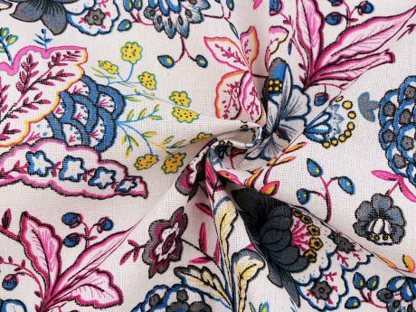 100% cotton imitation linen, "Chintz" (Blue/Pink/Multi on Burlap)