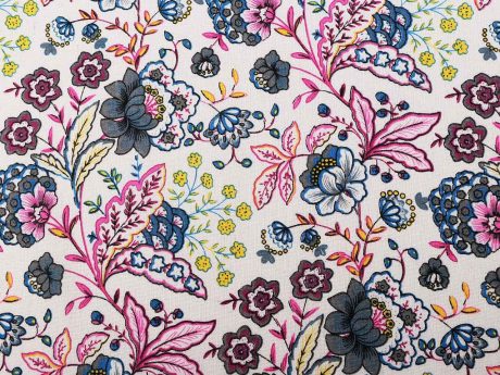 100% cotton imitation linen, "Chintz" (Blue/Pink/Multi on Burlap)