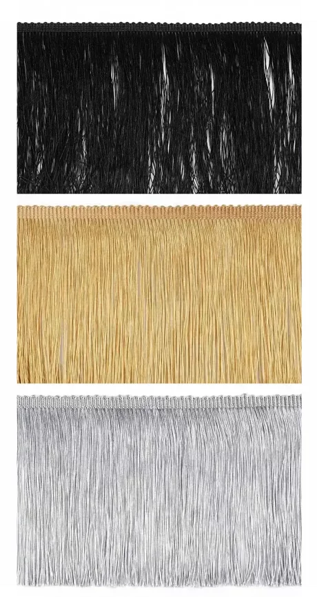 Glossy 15cm fringe trim (black, silver, gold)