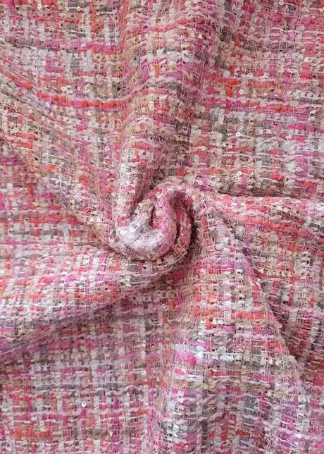 Chanel-esque poly tweed (pink/metallic accents)