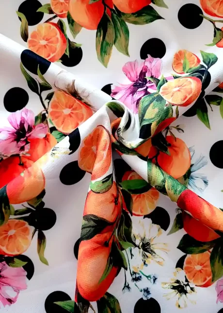 "A Day at the Races" fruity stretch polyester print