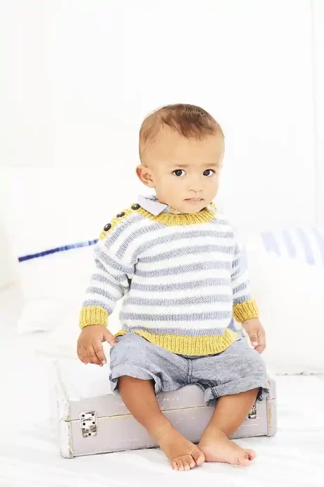 9603 Baby Easy Knit striped sweater with button shoulder (Bambino DK)