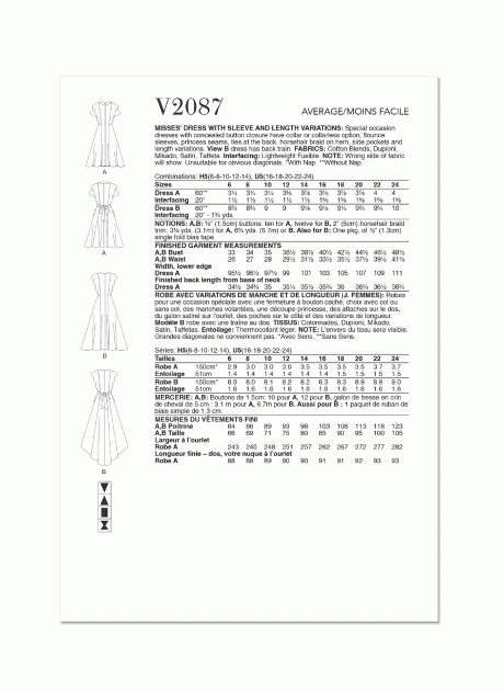 V2087 Misses' Dress with Sleeve and Length Variations