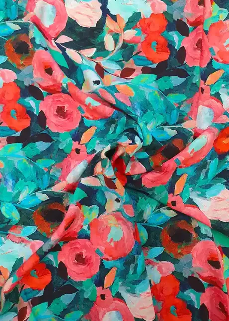 Digital Viscose Poplin Print, "Secret Garden" (jade/red)