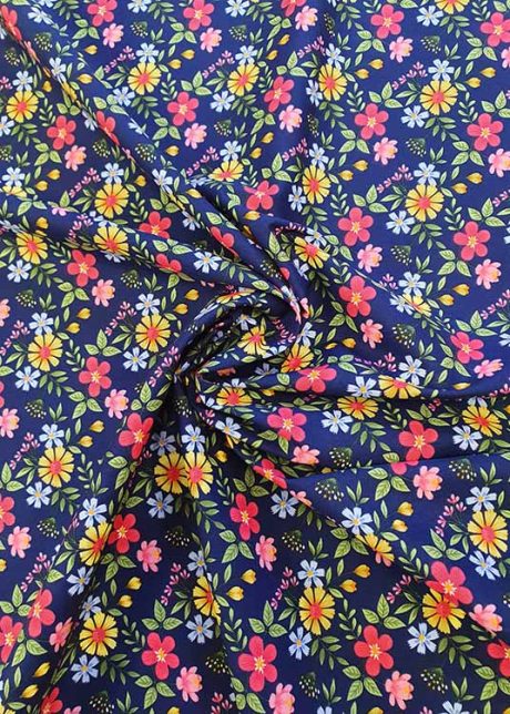 Rose & Hubble 100% cotton poplin, "Flower Shower" (Navy)