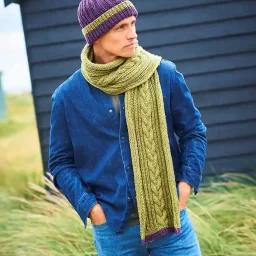 9952 Men's cabled bobble hat & scarf (Recreate Chunky)