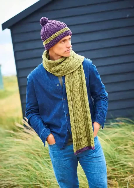 9952 Men's cabled bobble hat & scarf (Recreate Chunky)