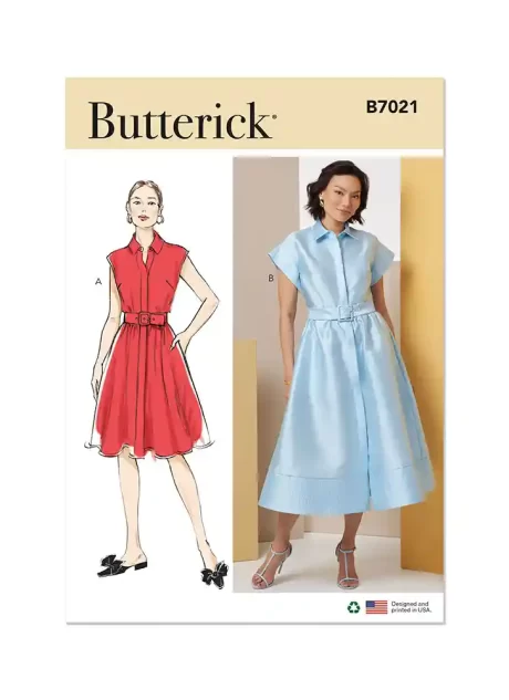 B7021 Misses' Dress with Belt, Sleeve and Length Variations