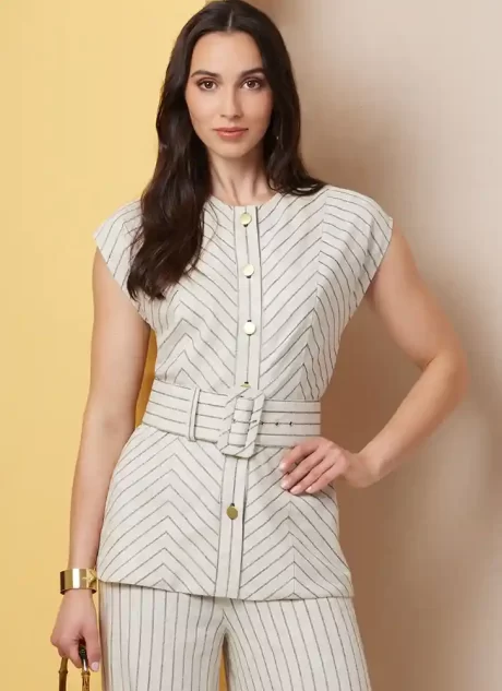 B7028 Misses' Top with Belt and Pants