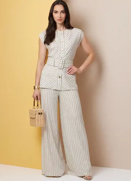 B7028 Misses' Top with Belt and Pants