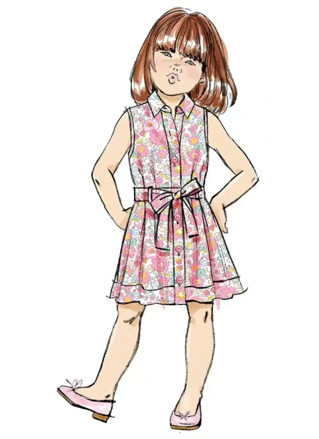 B7033 Children's Dress with Sleeve Variations and Tie Belt