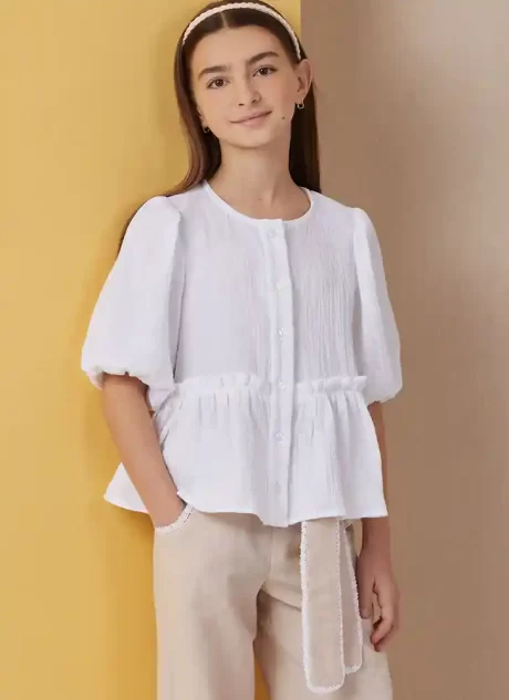 B7034 Girls' Top, Shorts, Pants and Sash