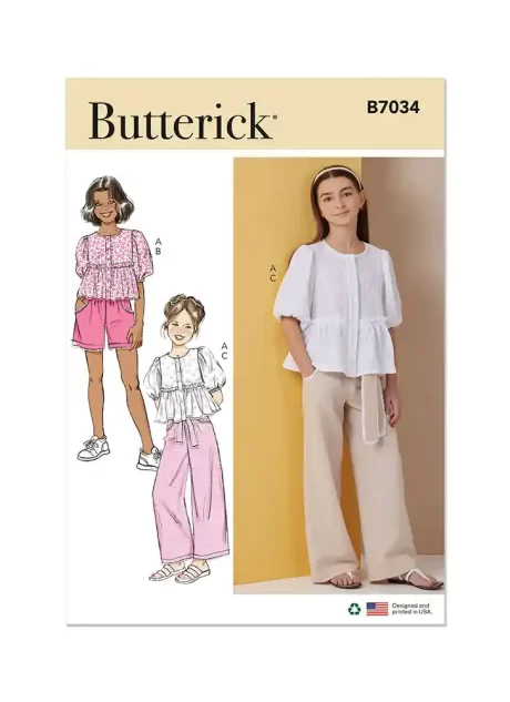 B7034 Girls' Top, Shorts, Pants and Sash