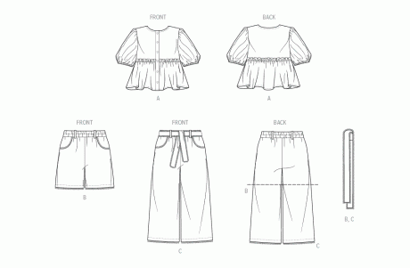 B7034 Girls' Top, Shorts, Pants and Sash