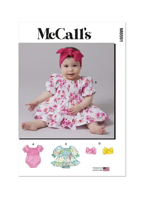 M8591 Babies' Romper, Dresses and Headband