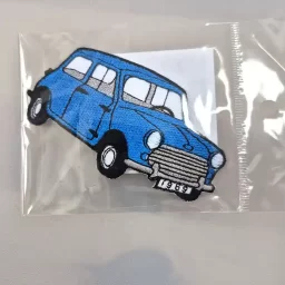 Blue mini car iron-on embroidered patch, 5 x 12cm approx.