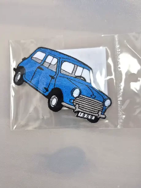 Blue mini car iron-on embroidered patch, 5 x 12cm approx.