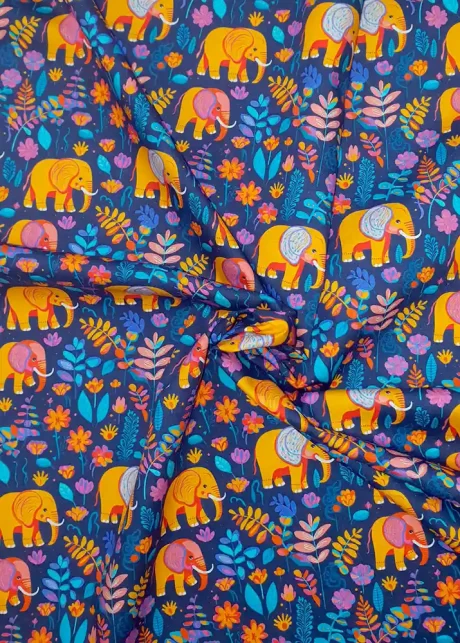 Rose & Hubble 100% cotton poplin print,  "Elephant Parade"