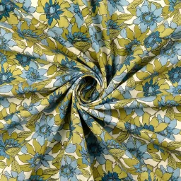 100%% cotton seersucker, denim/green flower print