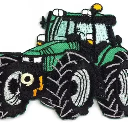 Green tractor iron-on embroidered patch, 5 x 12cm approx.
