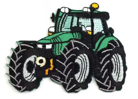 Green tractor iron-on embroidered patch, 5 x 12cm approx.