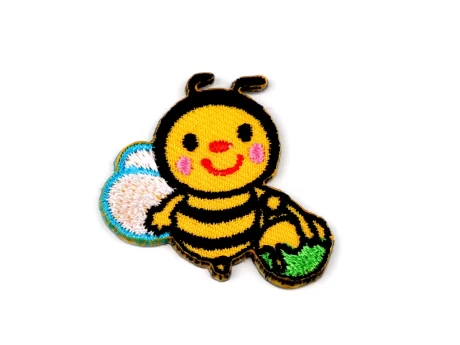 Happy bee iron-on embroidered patch, 3 x 3 cm
