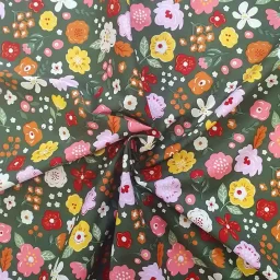 Rose & Hubble 100% cotton poplin print, "Funky Florals" (olive/tan/pink floral)