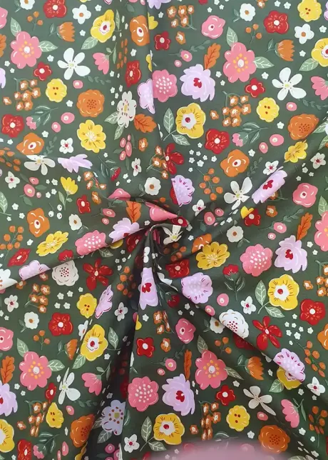 Rose & Hubble 100% cotton poplin print, "Funky Florals" (olive/tan/pink floral)