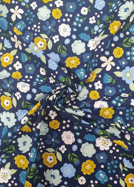 Rose & Hubble 100% cotton poplin print, "Funky Florals"  (navy/blue/green floral)