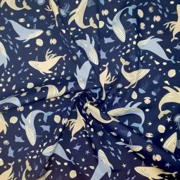 Rose & Hubble 100% cotton poplin print,  "Willie Whale"