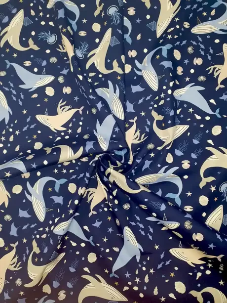 Rose & Hubble 100% cotton poplin print,  "Willie Whale"
