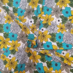 Rose & Hubble 100% cotton poplin print, "Summer of 76" (teal, olive, ochre)