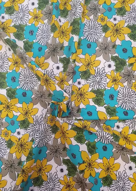 Rose & Hubble 100% cotton poplin print, "Summer of 76" (teal, olive, ochre)